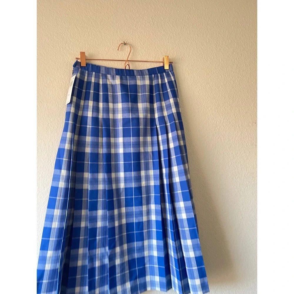 NWT Pendleton Blue White Plaid Pleated Midi Skirt 100% Virgin Wool USA Size 8